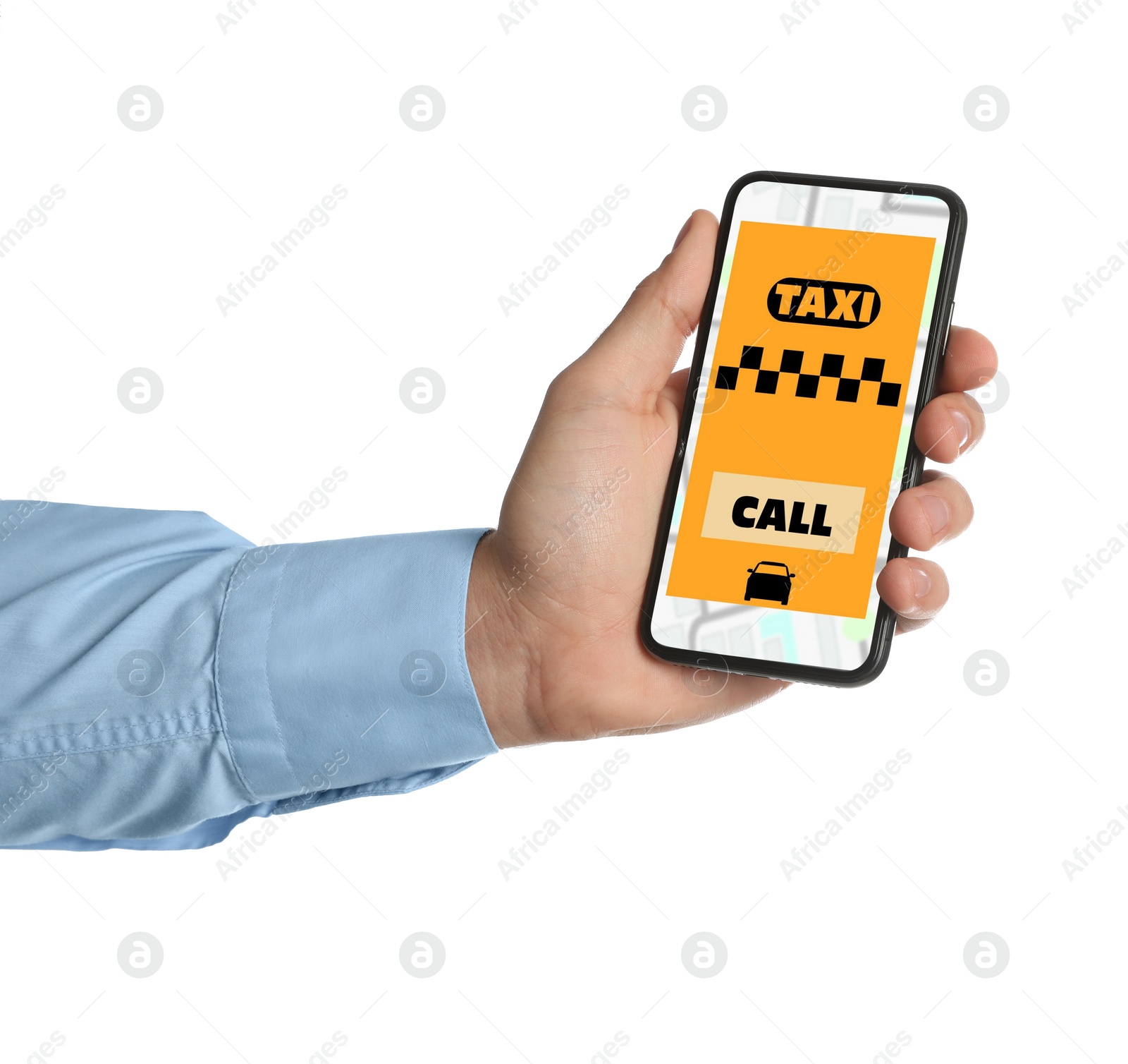 Photo of Man ordering taxi with smartphone on white background, closeup