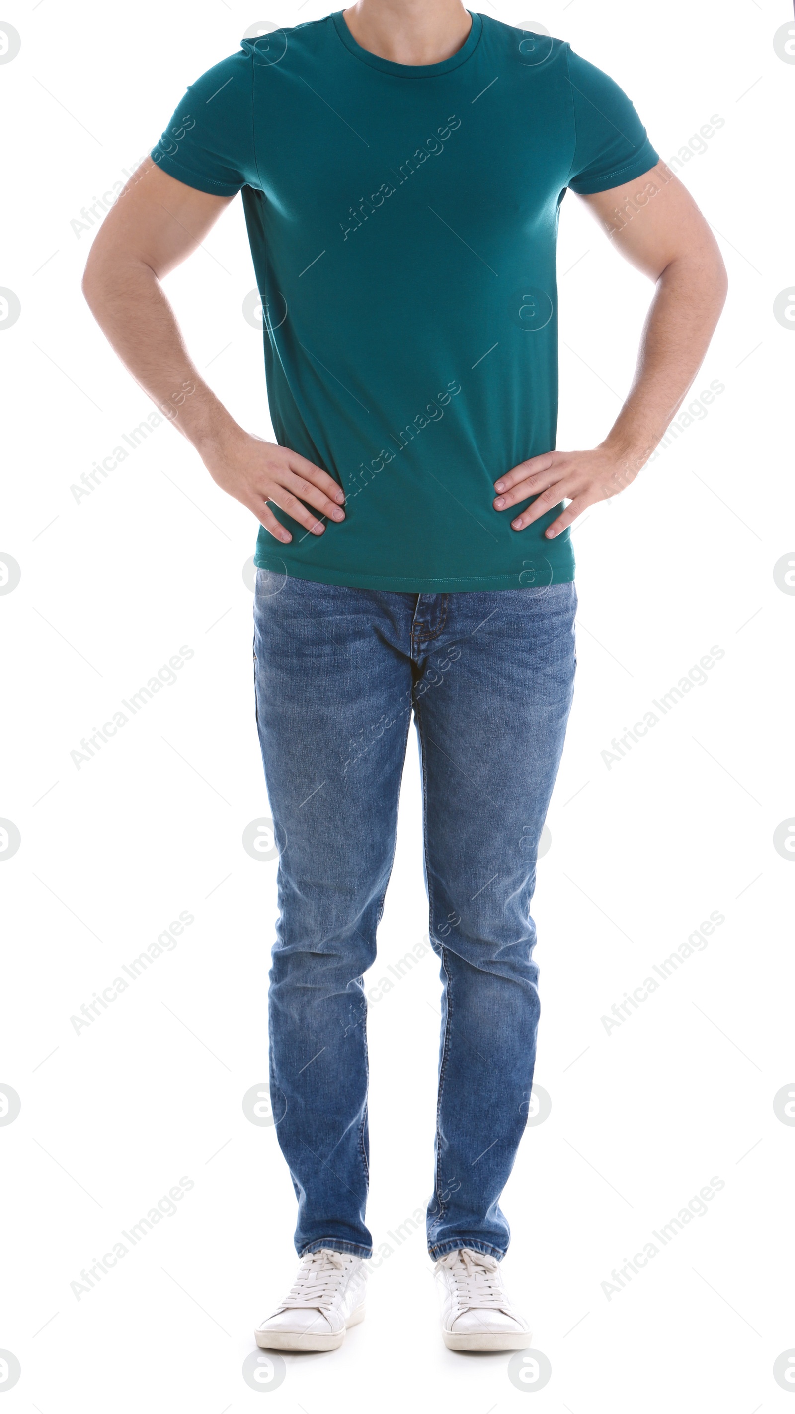 Photo of Young man on white background, closeup. Weight loss