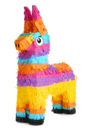 Photo of Bright colorful donkey pinata isolated on white