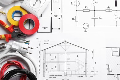 Set of electrician's tools and accessories on house plan, flat lay