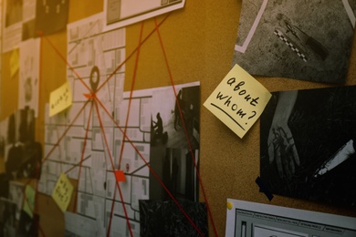 Photo of Detective board with map, crime scene photos and red threads, closeup