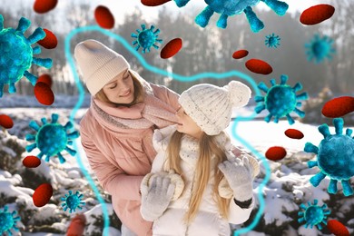 Happy mother with her daughter walking outdoors in winter. Outline around them symbolizing strong immunity blocking viruses, illustration