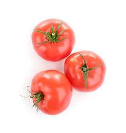 Photo of Fresh ripe organic tomatoes isolated on white, top view