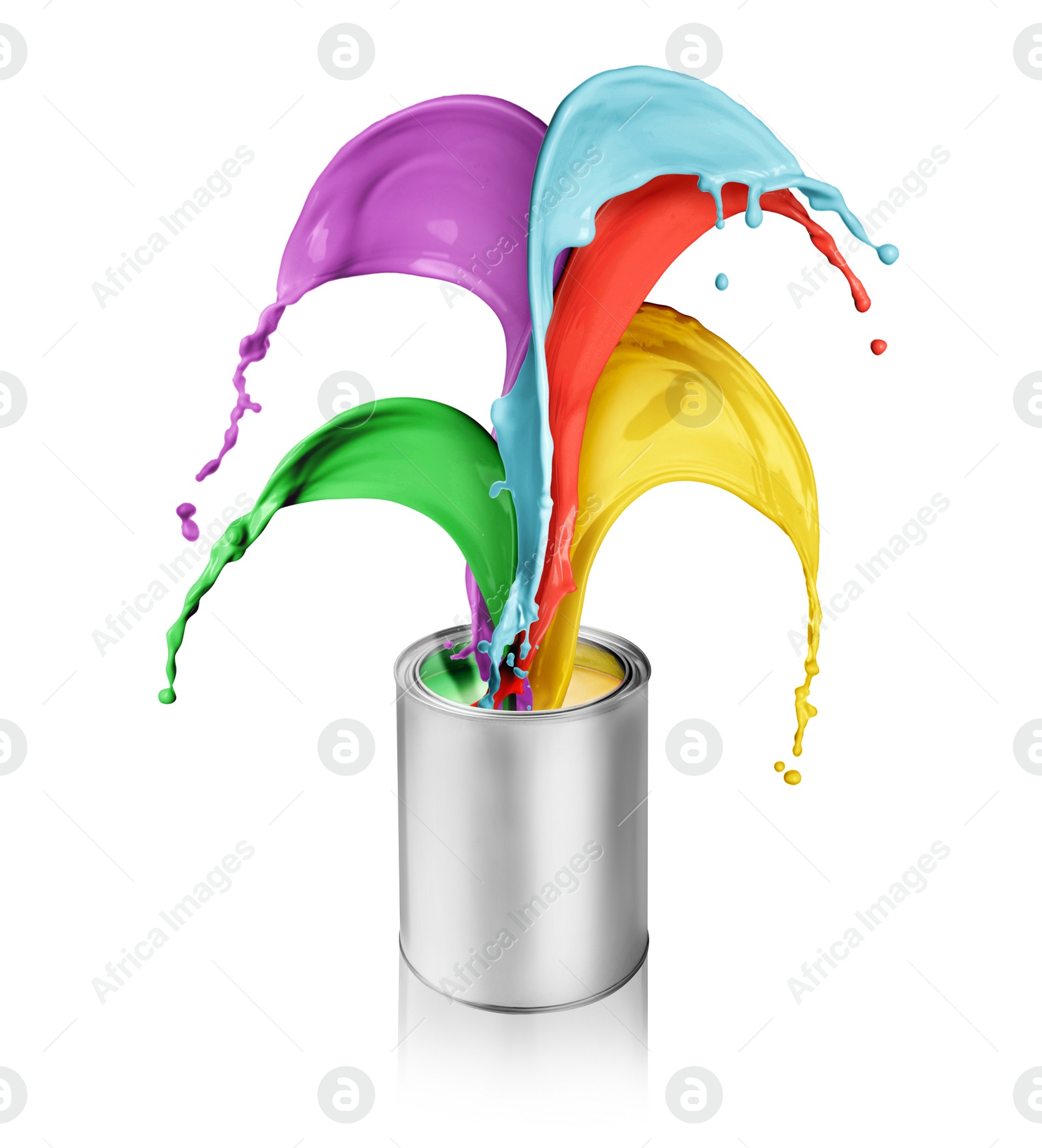 Image of Paint of different colors splashing from can on white background