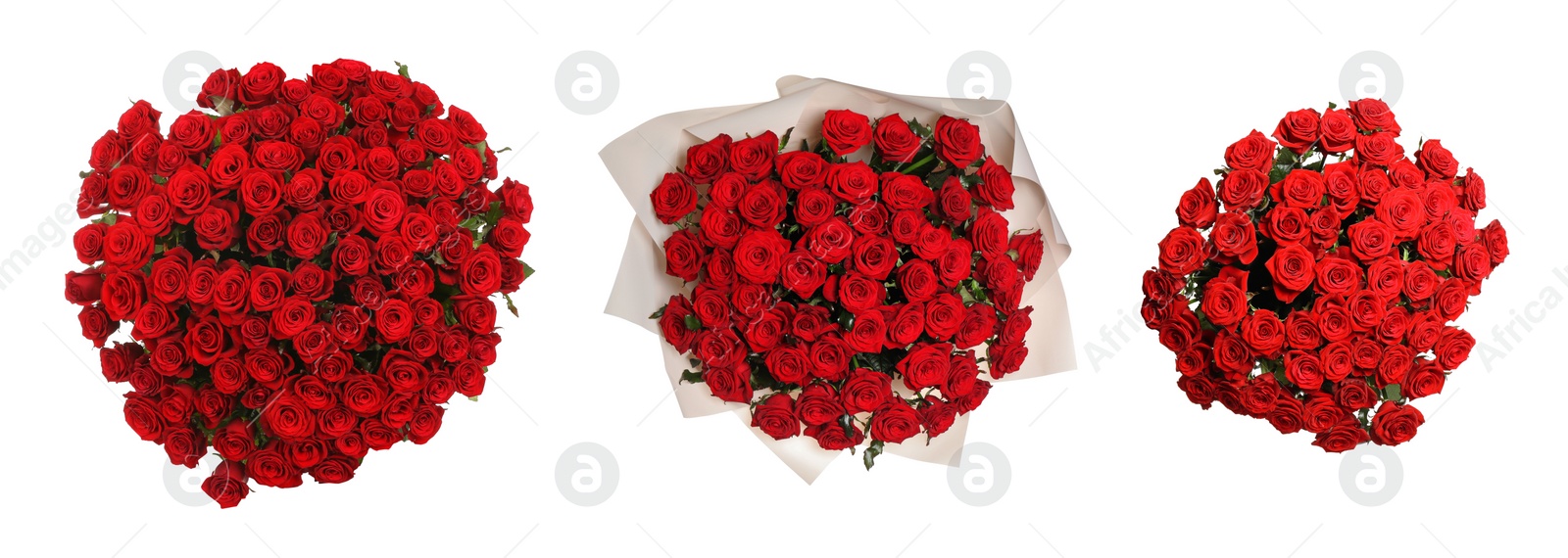 Image of Set with beautiful bouquets of red roses on white background, top view. Banner design 