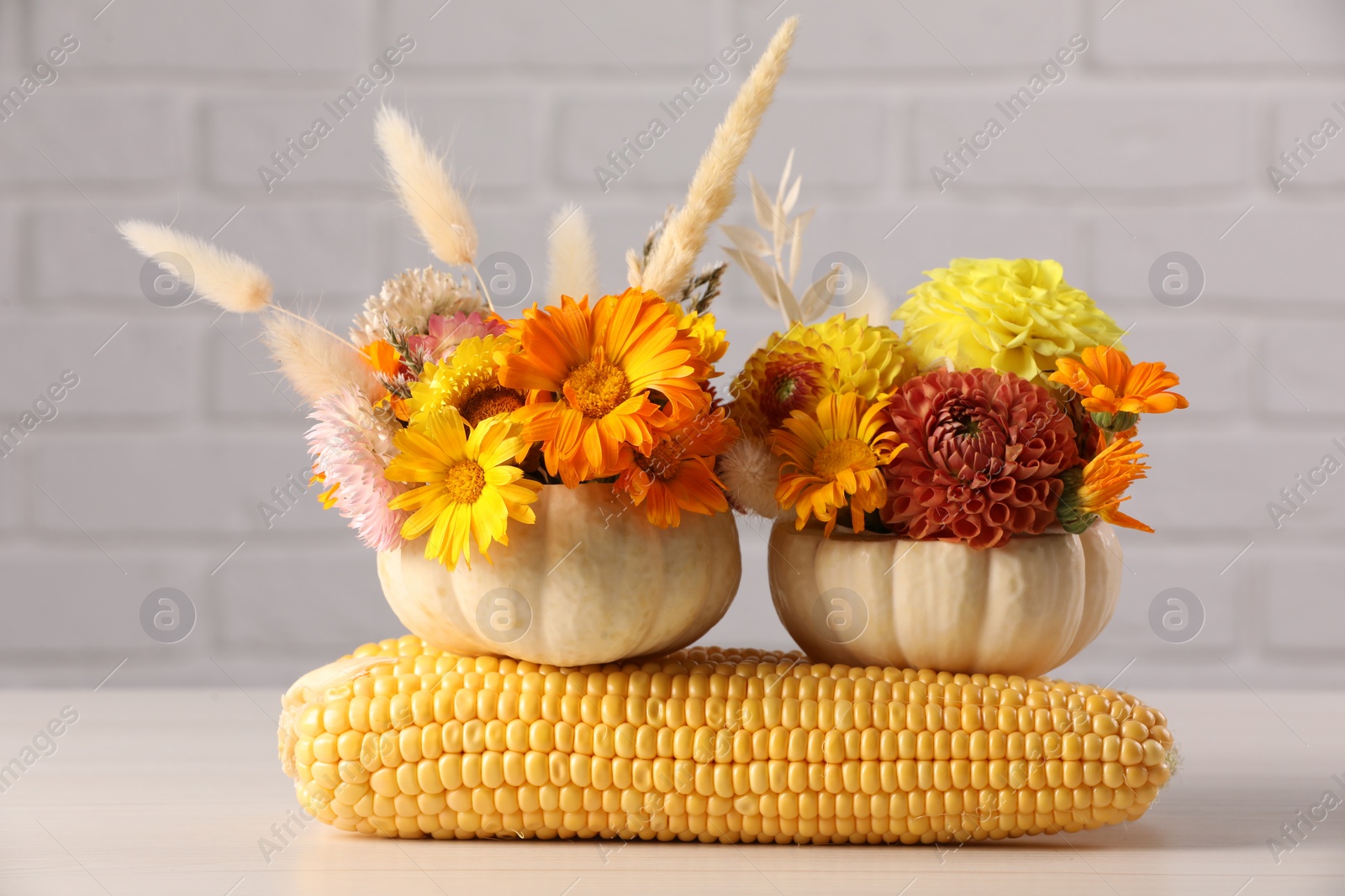 Photo of Composition of small pumpkins with beautiful flowers and corn cobs on light wooden table against white brick wall, closeup