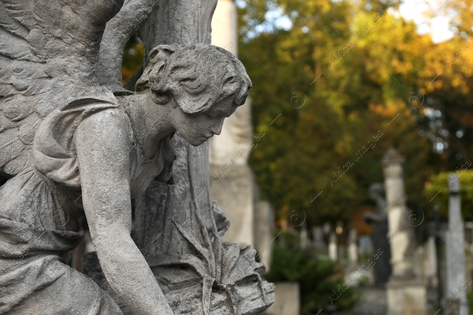 Photo of Beautiful statue of angel at cemetery, space for text. Funeral ceremony