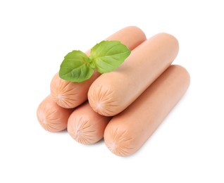 Photo of Many delicious boiled sausages and basil on white background