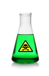 Image of Glass bottle with green toxic sample and warning sign on white background