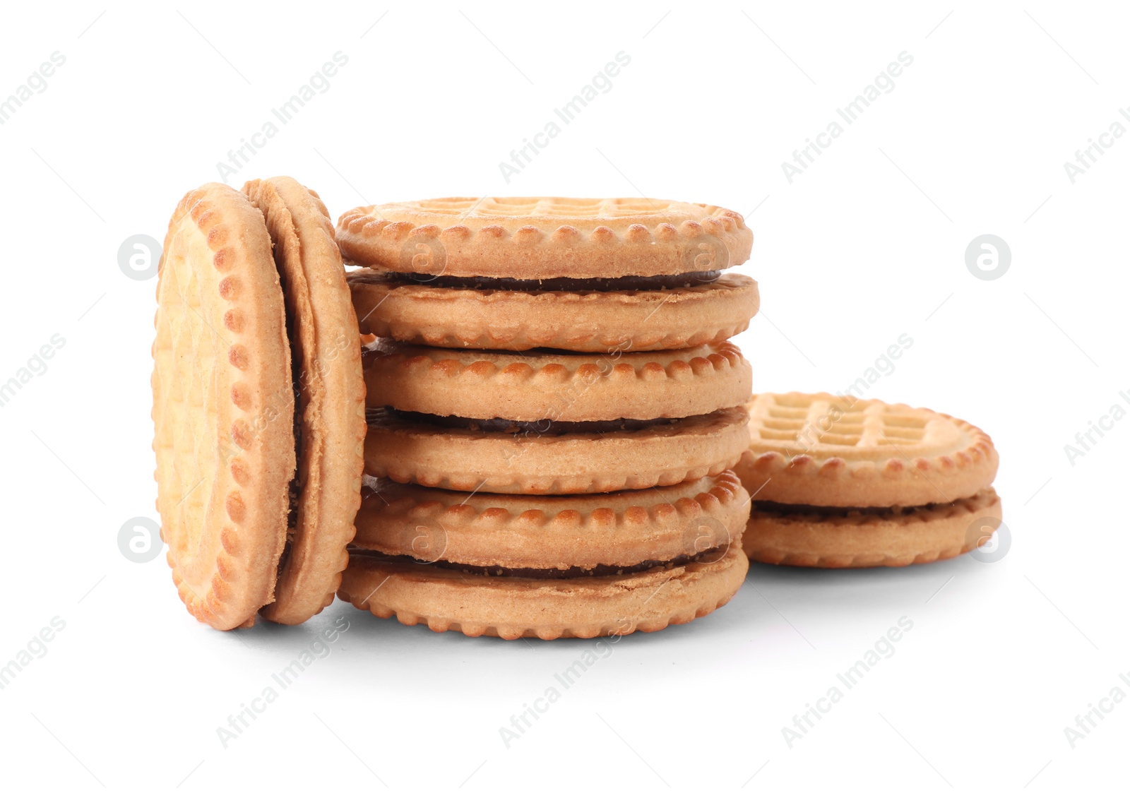 Photo of Tasty sandwich cookies with cream isolated on white