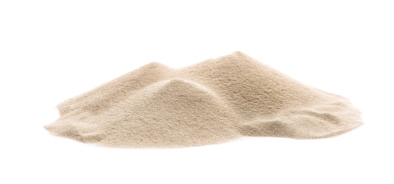 Photo of Heap of dry beach sand on white background