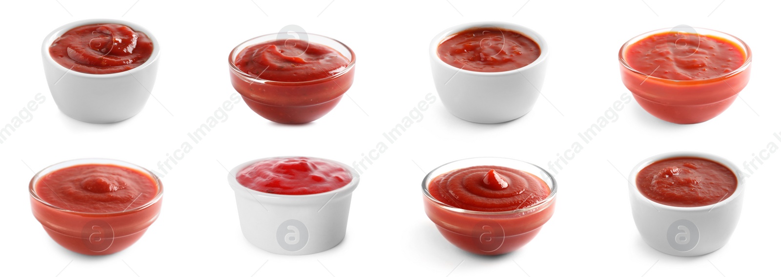Image of Set of tomato sauces in bowls on white background. Banner design