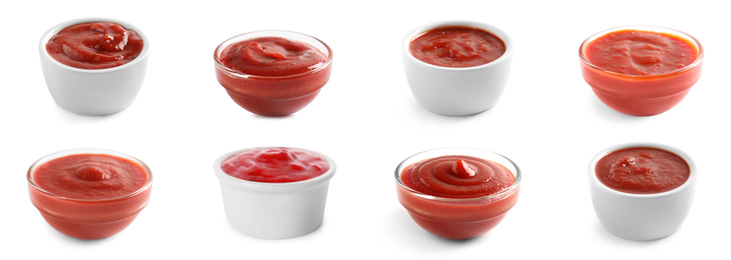 Image of Set of tomato sauces in bowls on white background. Banner design