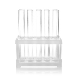 Photo of Holder with empty test tubes on white background. Laboratory glassware