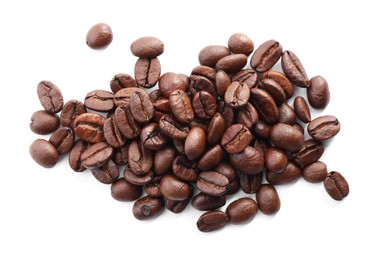 Photo of Pile of roasted coffee beans isolated on white, top view