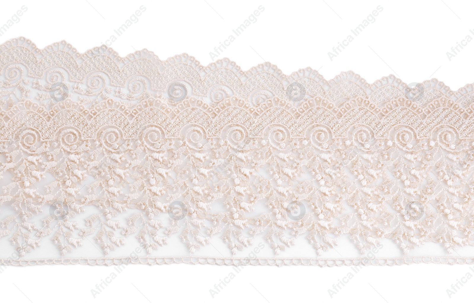 Photo of Beautiful lace isolated on white, top view