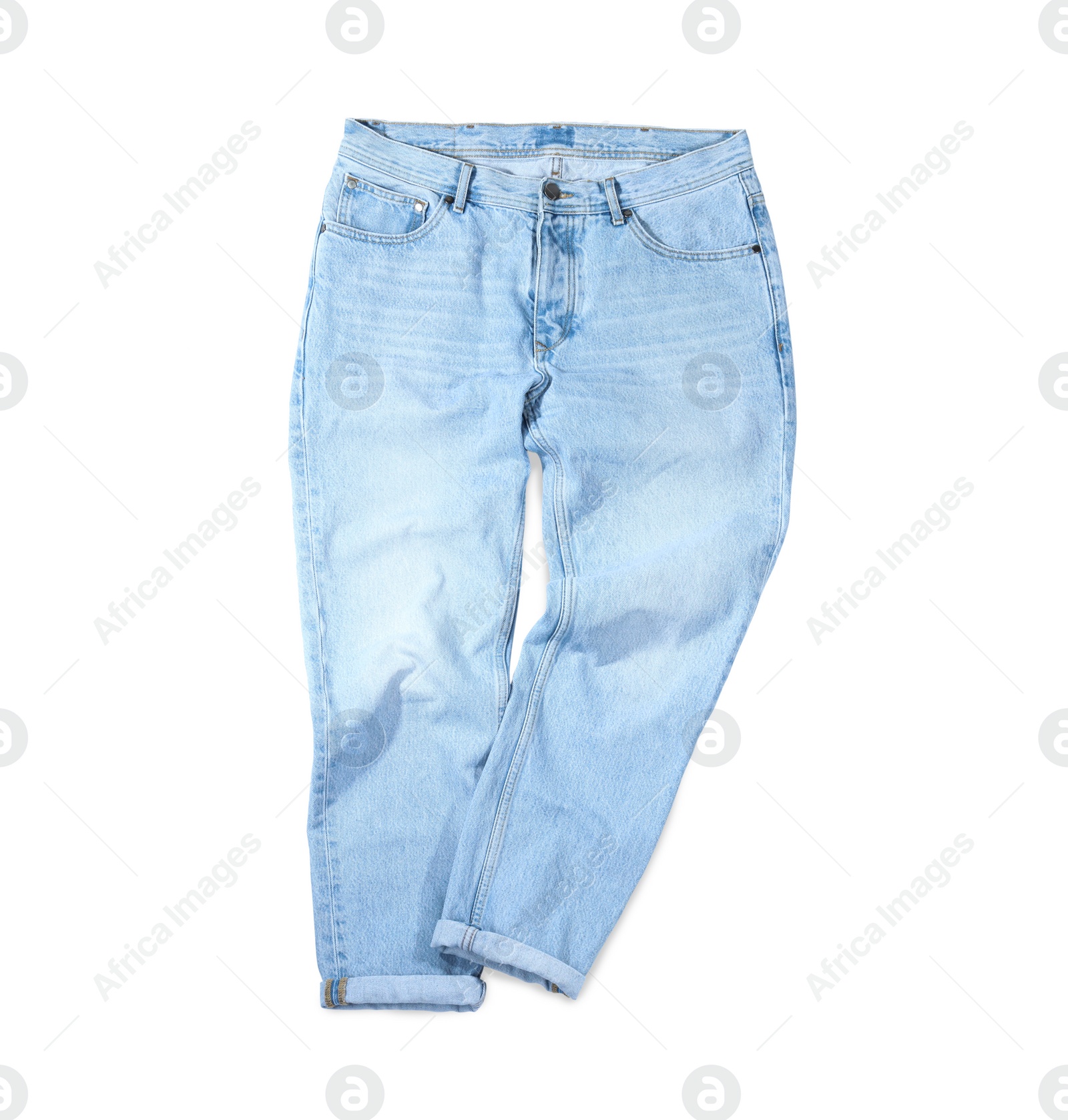 Photo of New stylish jeans isolated on white, top view