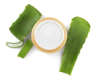 Jar of natural cream and cut aloe leaves isolated on white, top view