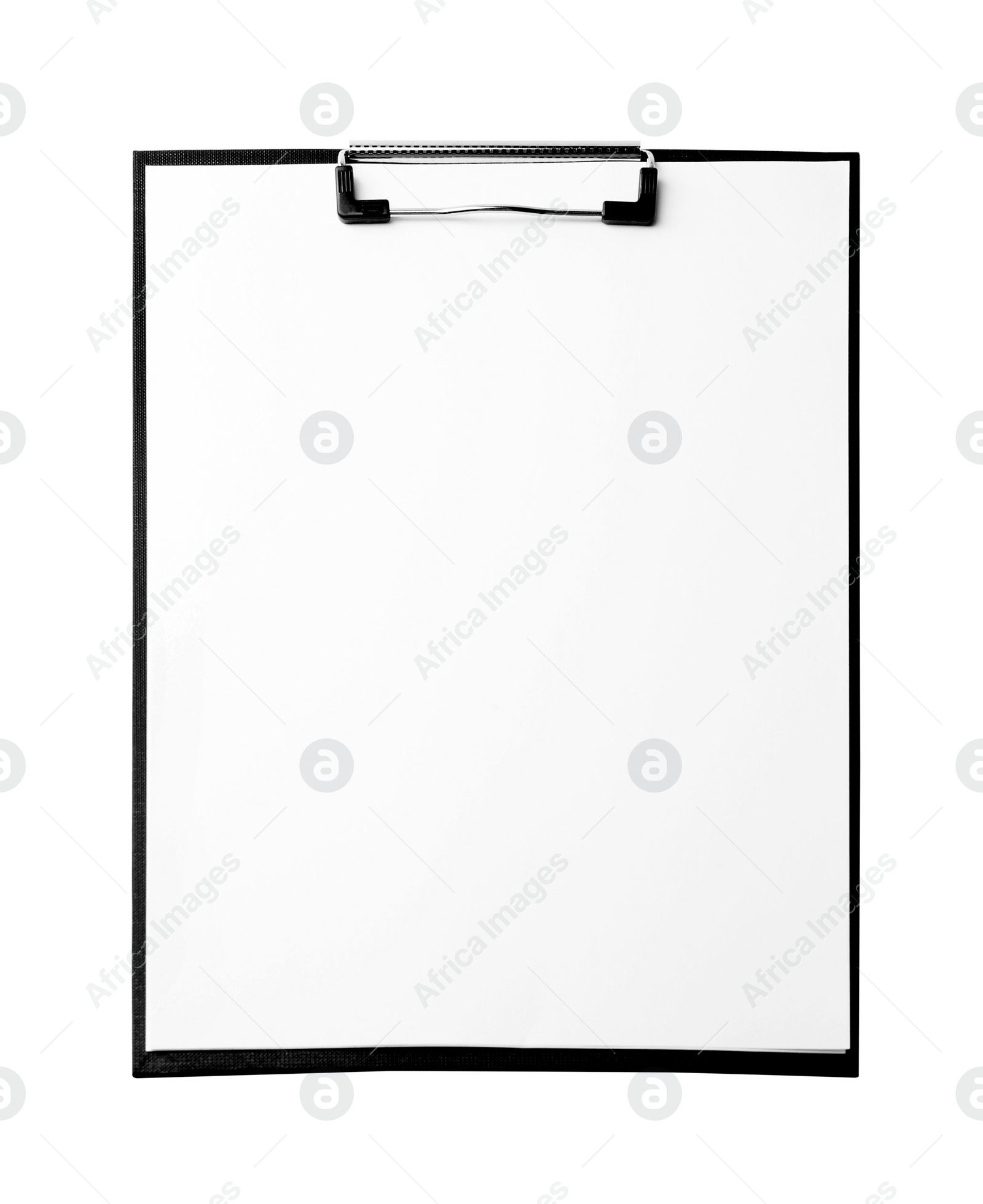 Photo of Clipboard with sheet of paper isolated on white. Space for text