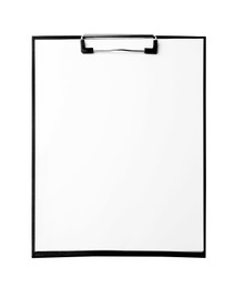Photo of Clipboard with sheet of paper isolated on white. Space for text