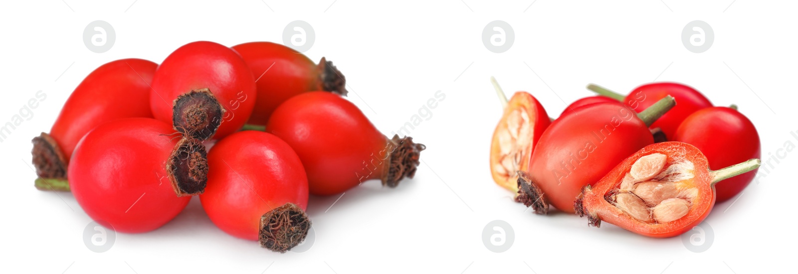 Image of Ripe rose hip berries on white background, collage. Banner design