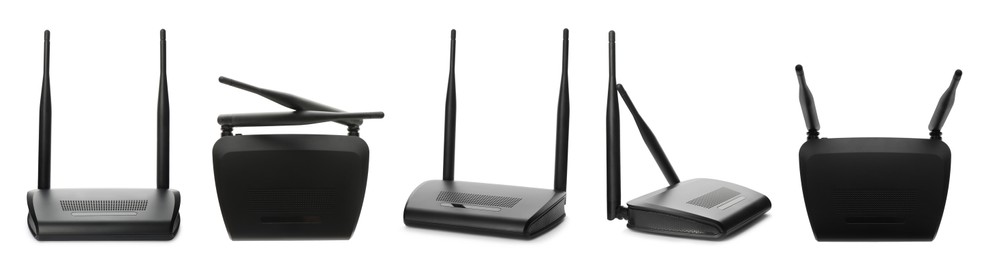 Image of Set with modern Wi-Fi routers on white background. Banner design