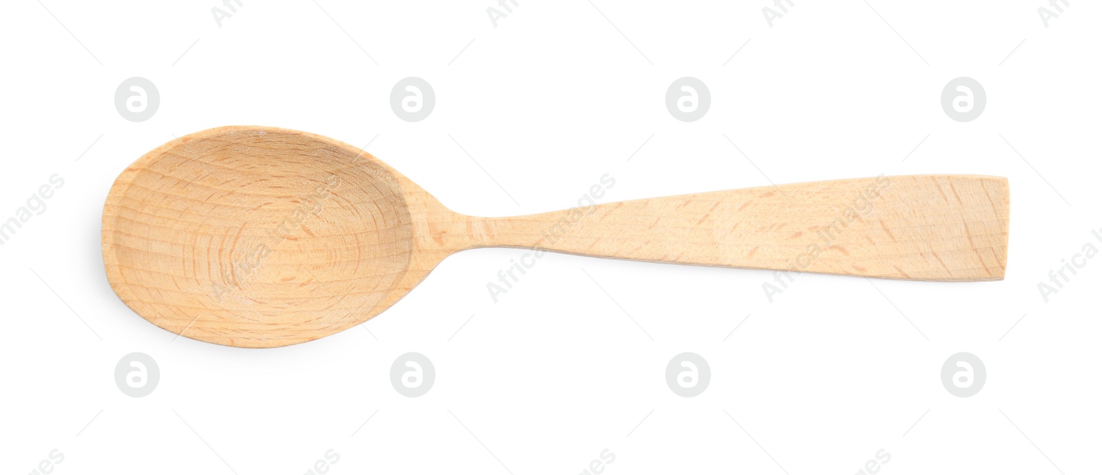 Photo of Handmade wooden spoon isolated on white, top view