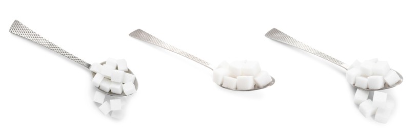 Sugar cubes in spoons isolated on white, set
