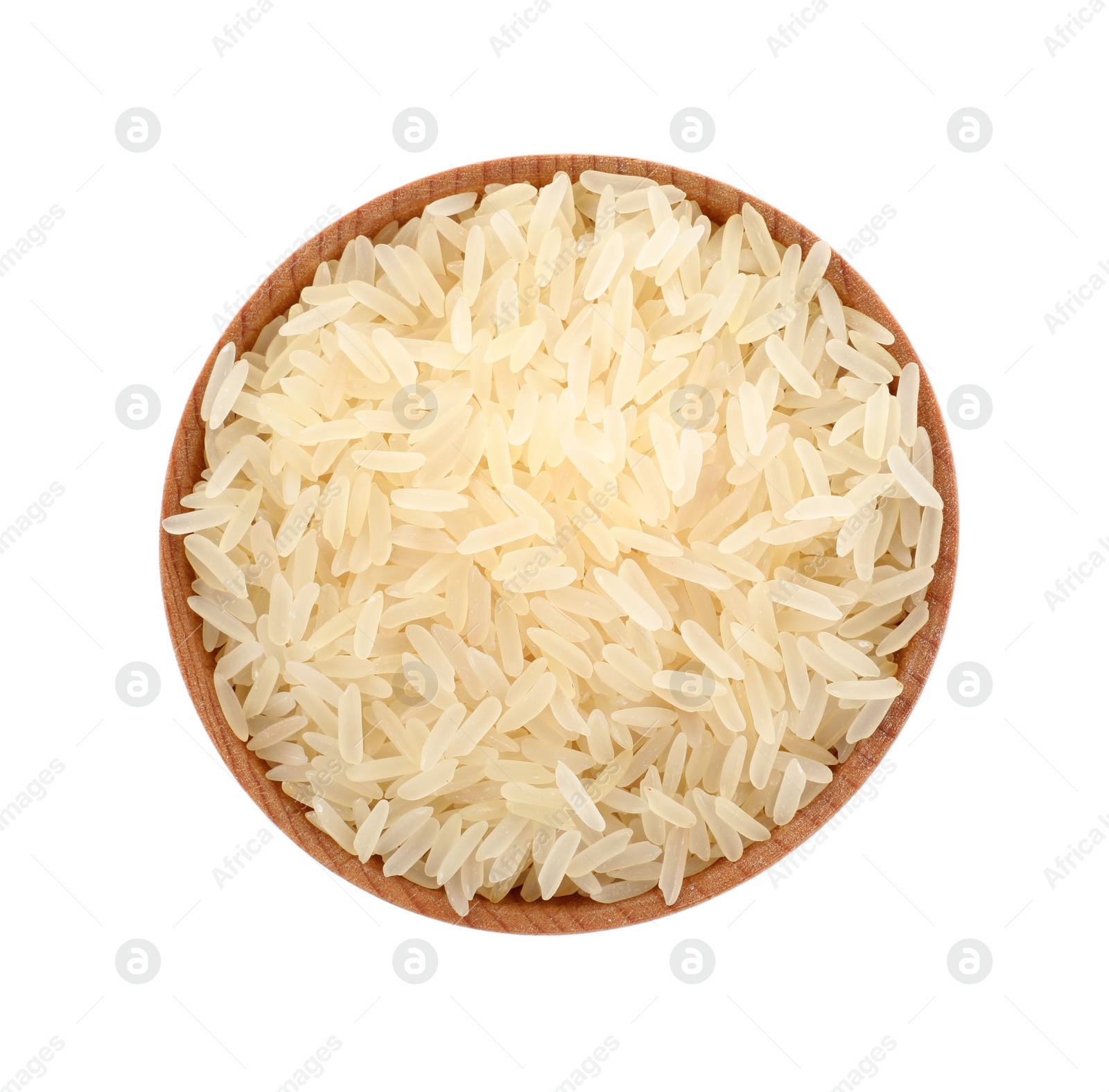 Photo of Bowl with raw rice isolated on white, top view