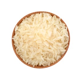 Bowl with raw rice isolated on white, top view