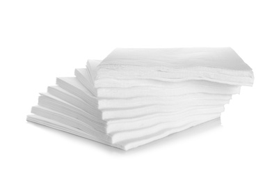 Photo of Stack of clean paper napkins on white background