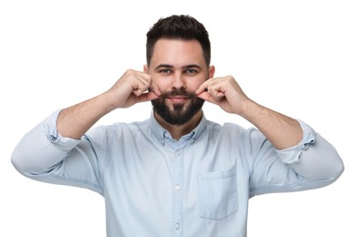 Photo of Happy young man touching mustache on white background