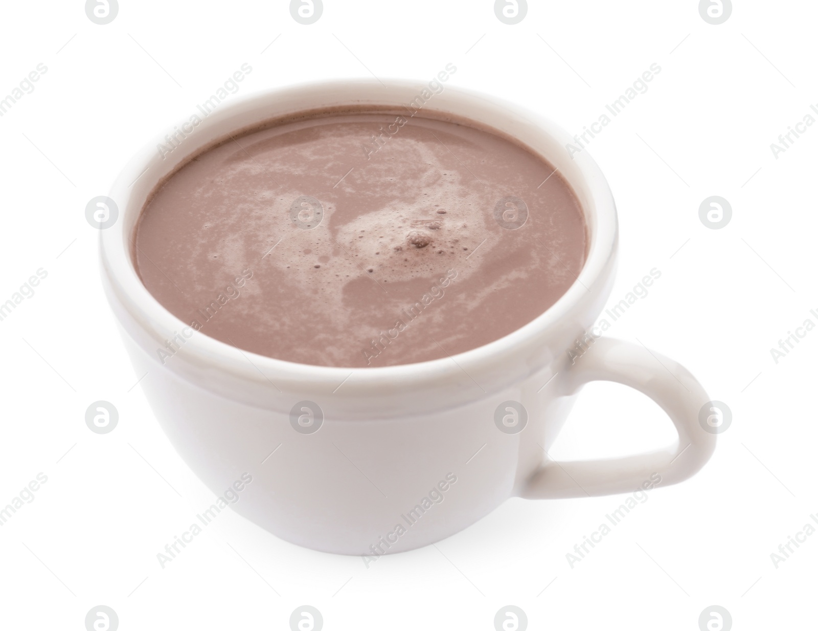 Photo of Delicious cocoa drink in cup on white background