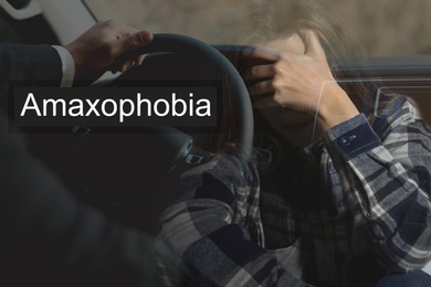Image of Woman suffering from amaxophobia. Irrational fear of vehicles