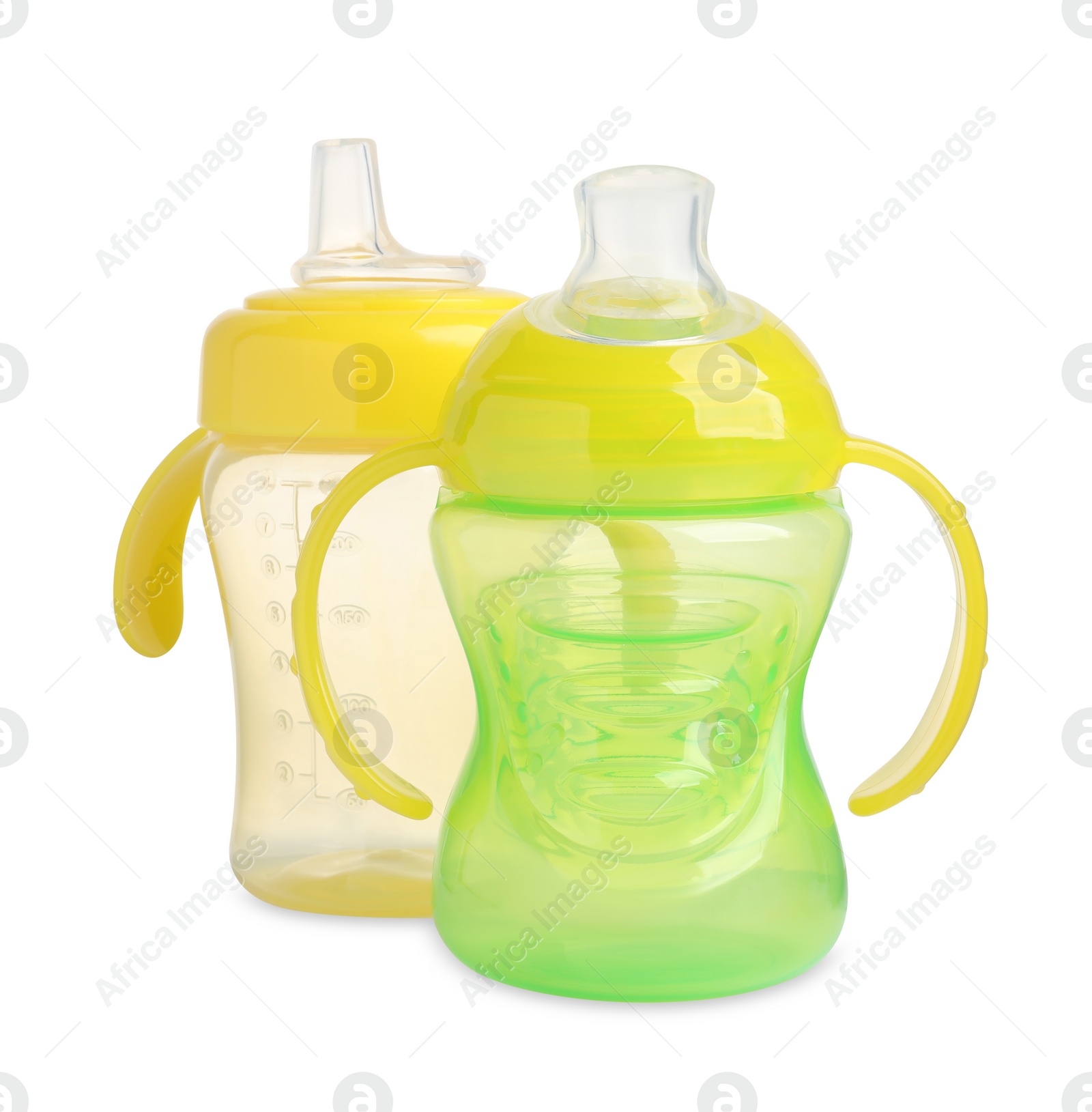 Photo of Two empty feeding bottles for infant formula on white background