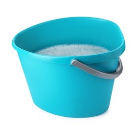 Photo of Turquoise bucket with detergent isolated on white
