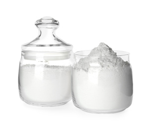 Photo of Organic flour in glass jars isolated on white