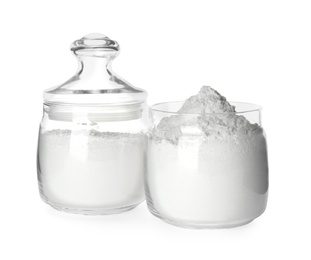 Organic flour in glass jars isolated on white