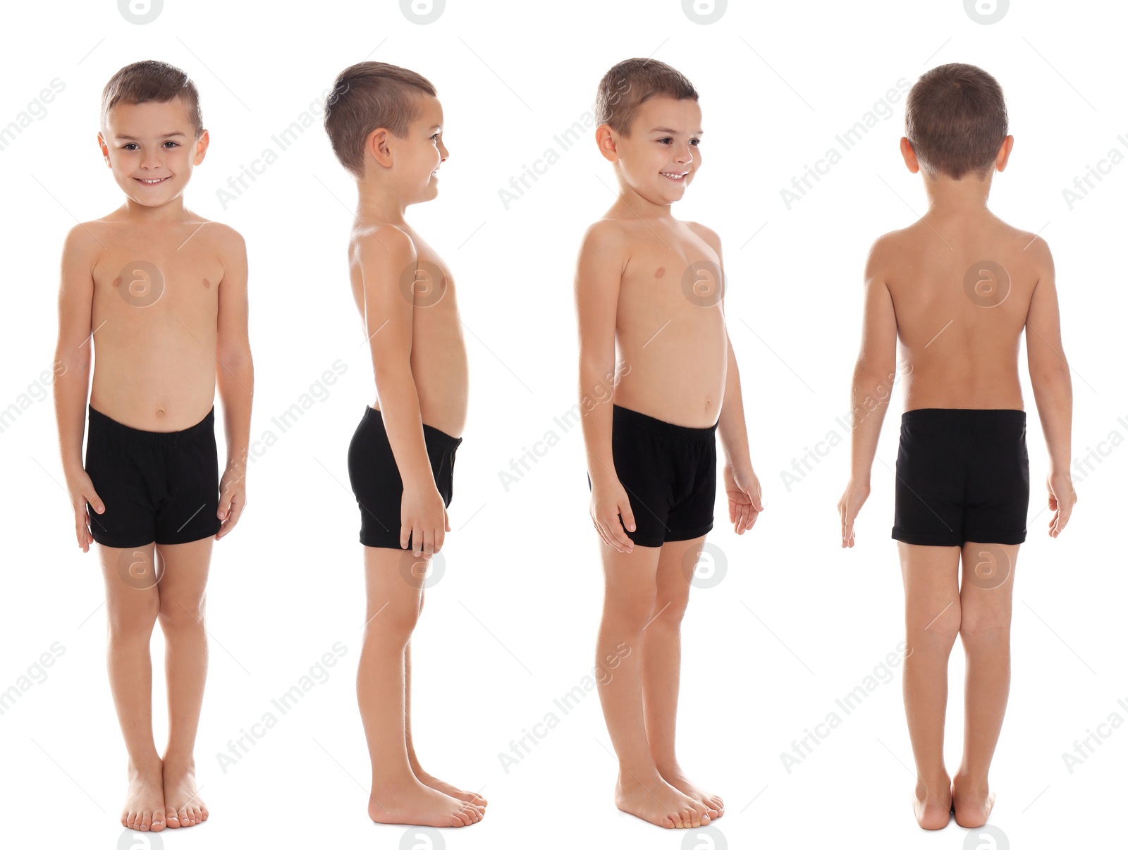 Image of Collage of cute little boy in underwear on white background