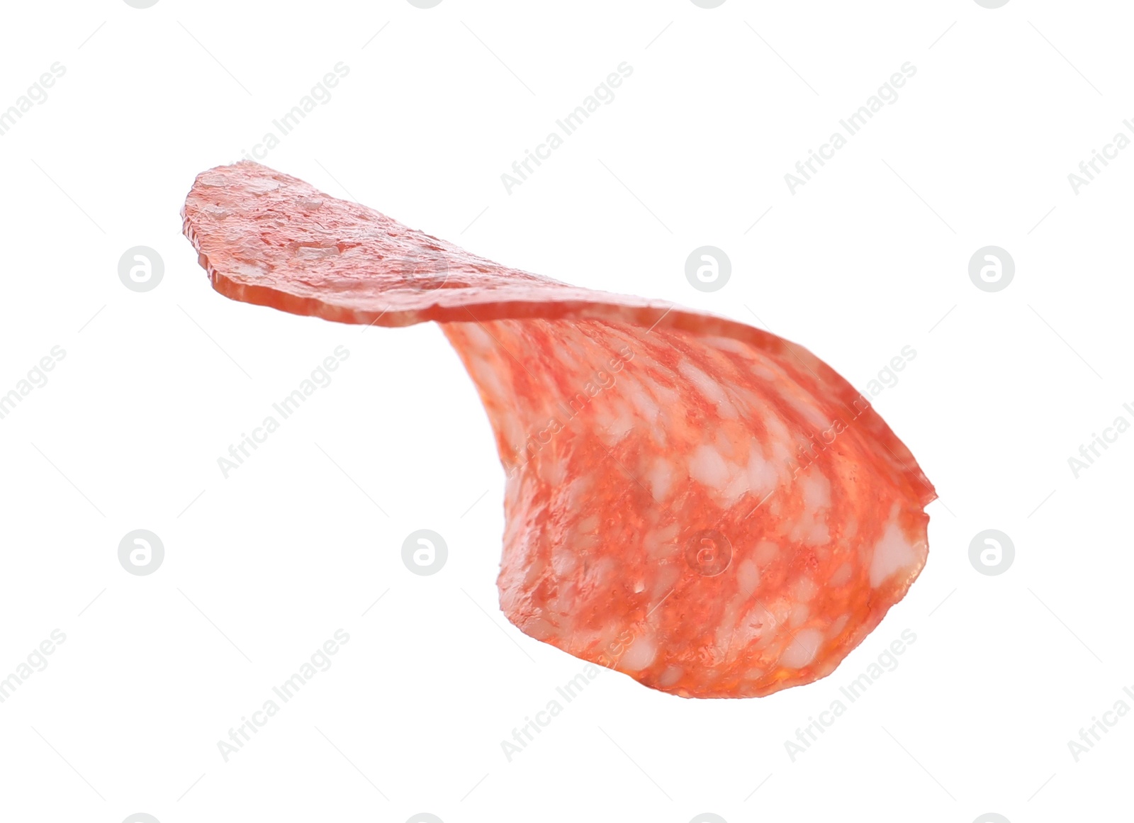 Photo of Slice of delicious sausage isolated on white