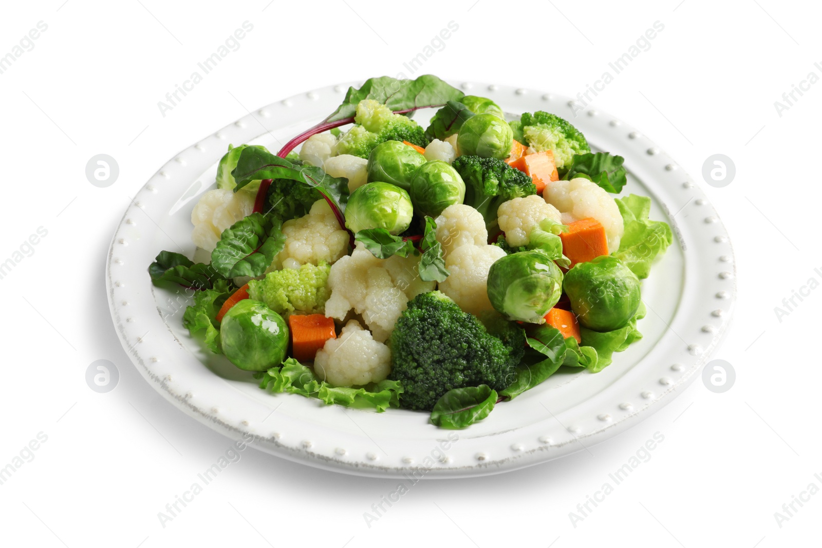 Photo of Plate of salad with Brussels sprouts isolated on white