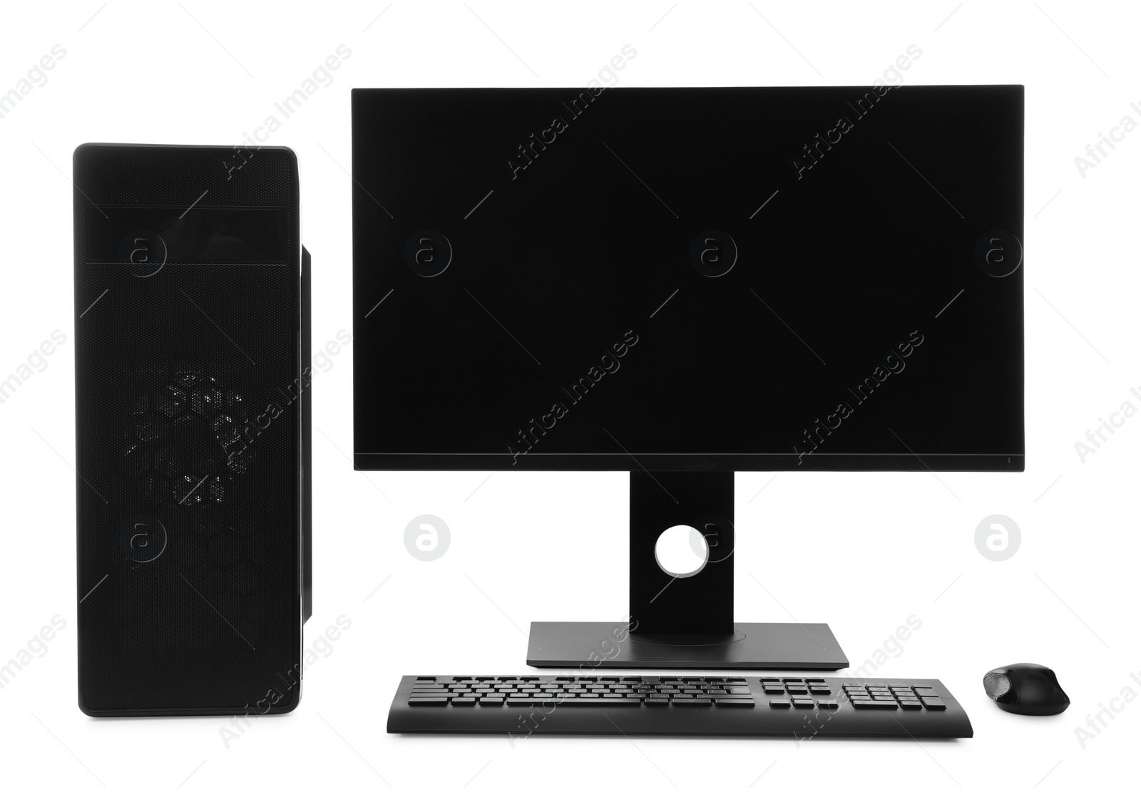 Photo of Modern computer monitor with black screen, system unit, keyboard and mouse on white background