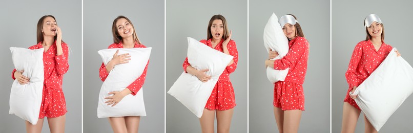 Collage with photos of young woman holding soft pillows on light grey background. Banner design