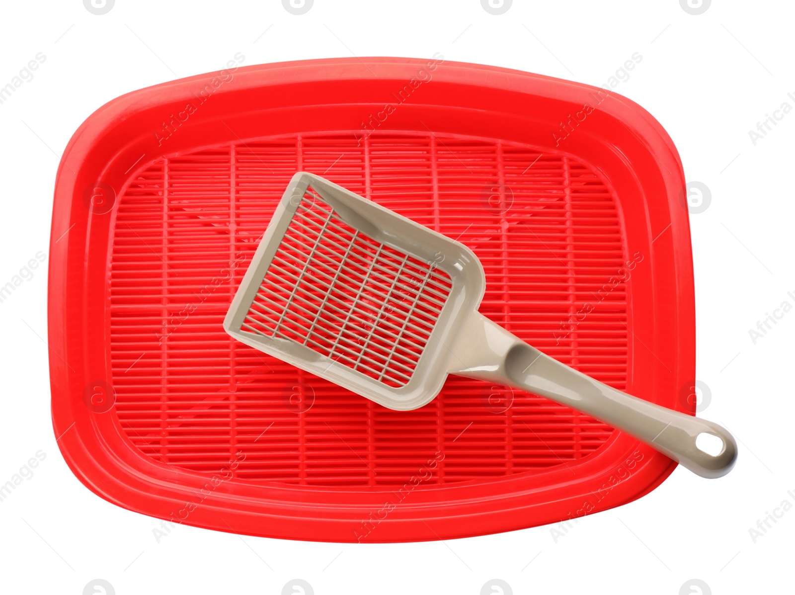 Photo of Empty red cat litter tray with scoop isolated on white, top view