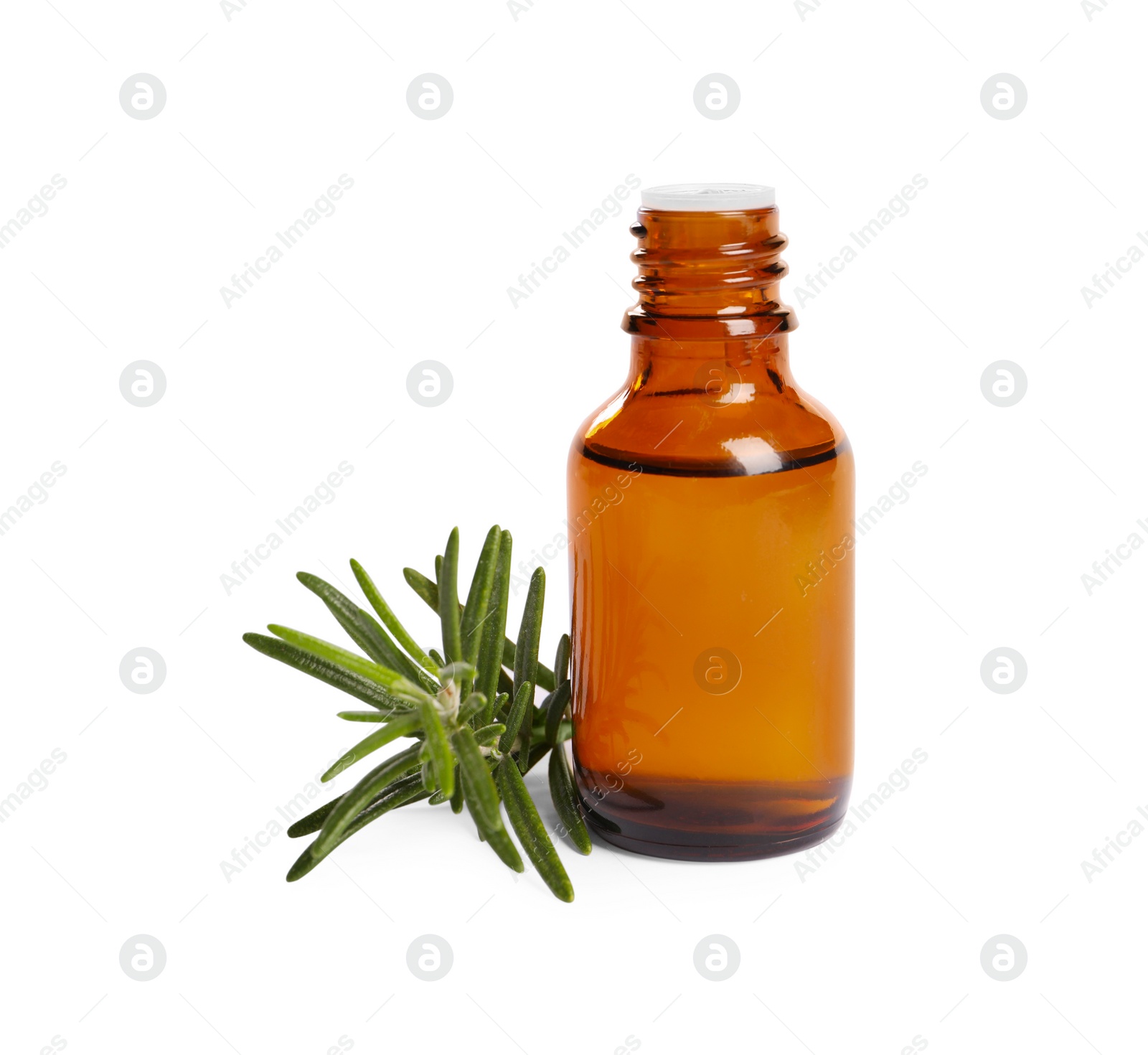 Photo of Sprig of fresh rosemary and essential oil on white background