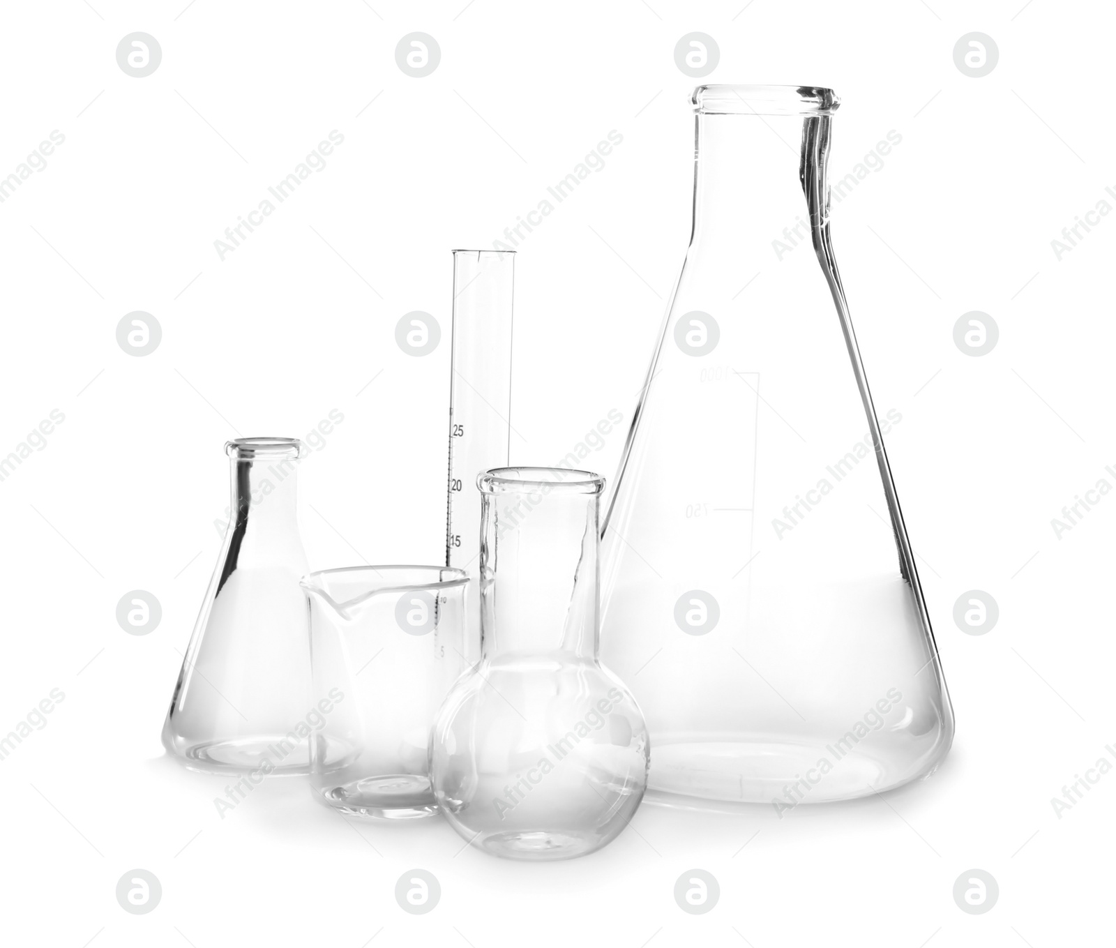 Photo of Empty flasks on white background. Laboratory analysis equipment