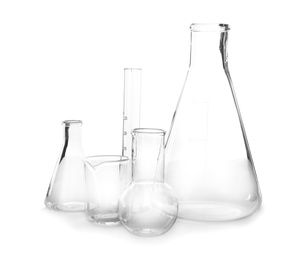 Photo of Empty flasks on white background. Laboratory analysis equipment