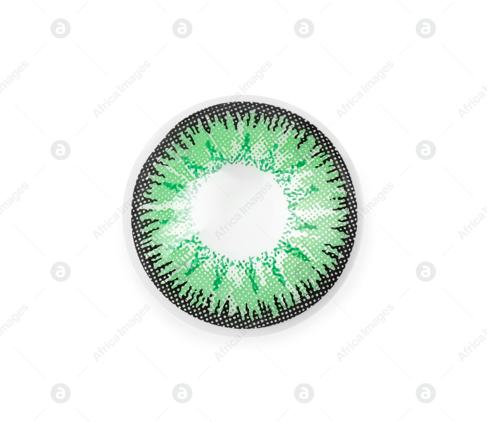 Photo of One green contact lens isolated on white, top view