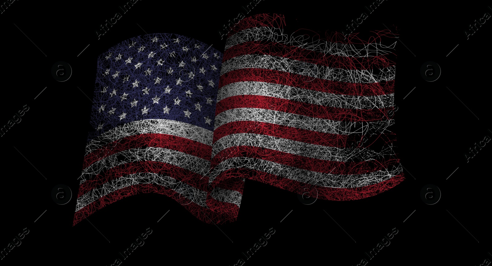 Image of Bright painting of USA national flag on black background