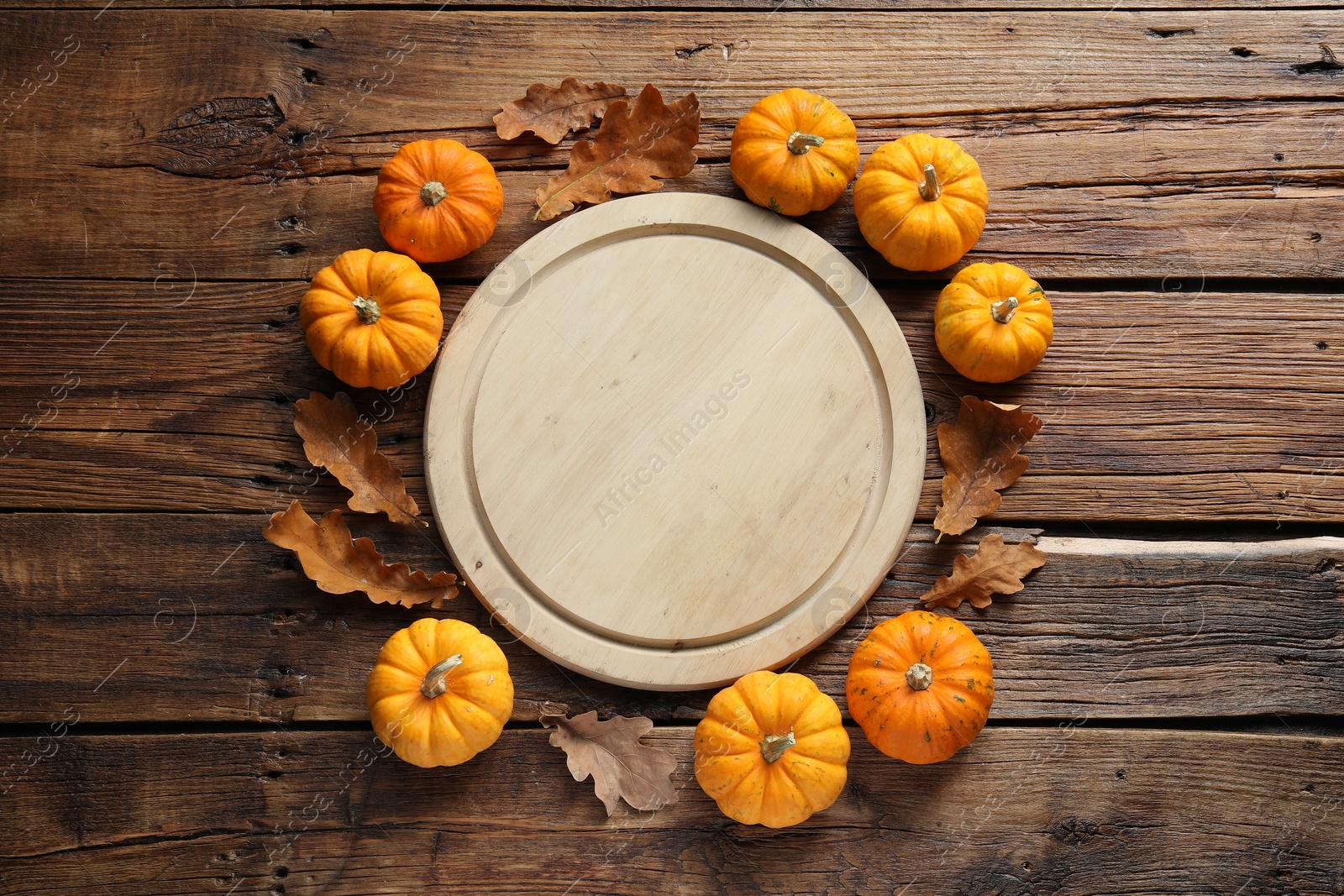 Photo of Thanksgiving day. Flat lay composition with pumpkins and wooden board on table, space for text